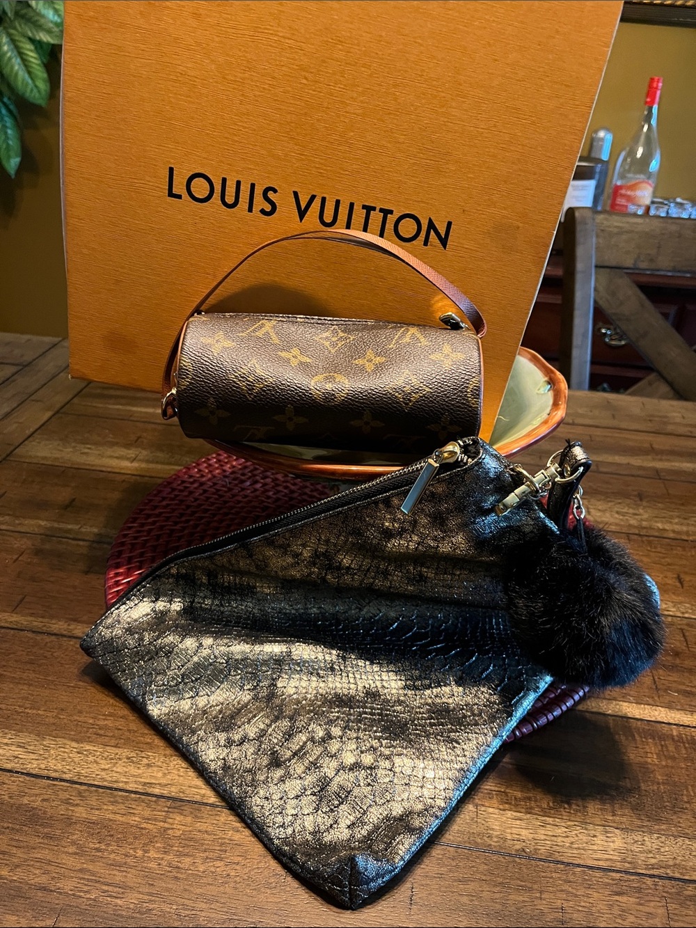 Louis Vuitton Brown Monogram Canvas Barrel Clutch with Black Patent Pouch